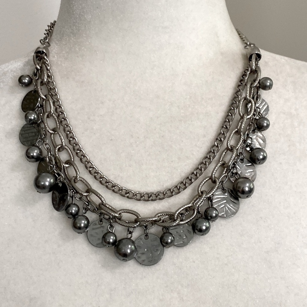 Silver Rocker Rebel Edgy Layered Bead Discs Coins Textured Chain Necklace - Picture 4 of 15